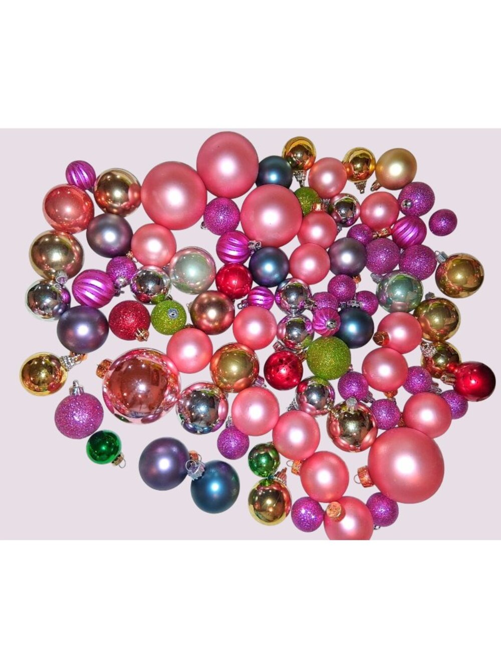 82-Piece Assorted Plastic Christmas Tree Ornaments Various Colors Sizes Glitter